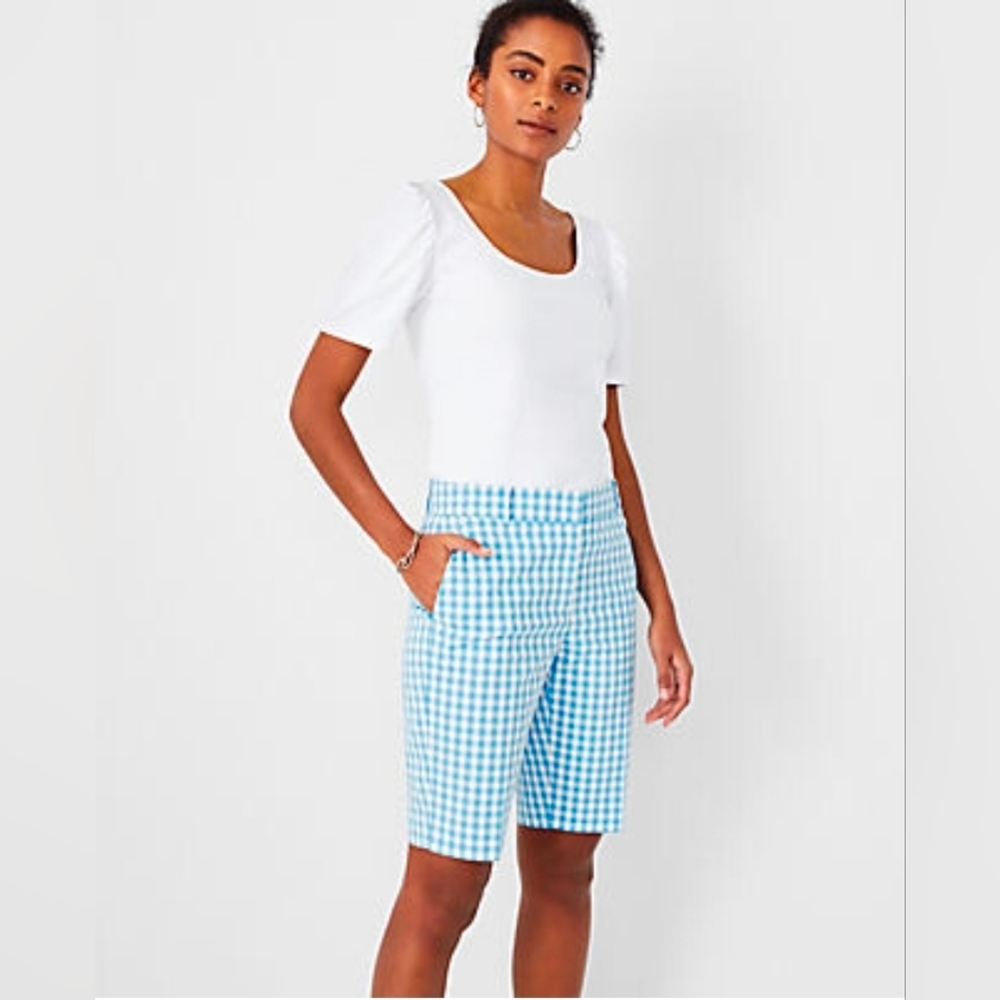 Ann Taylor Turquoise Gingham Boardwalk Bermuda Shorts sz 4